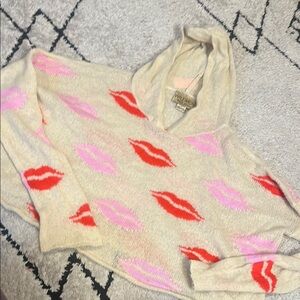 Wildfox Cream and Red Cowl Neck Sweater with Lip Print s